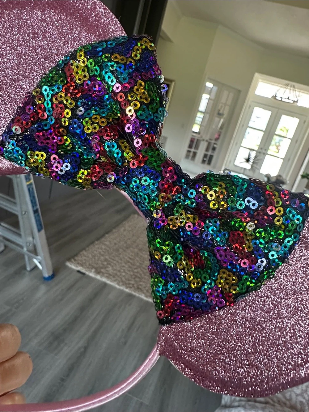 Pink Sequin Mouse Ear Headband with Multi-Color Bow